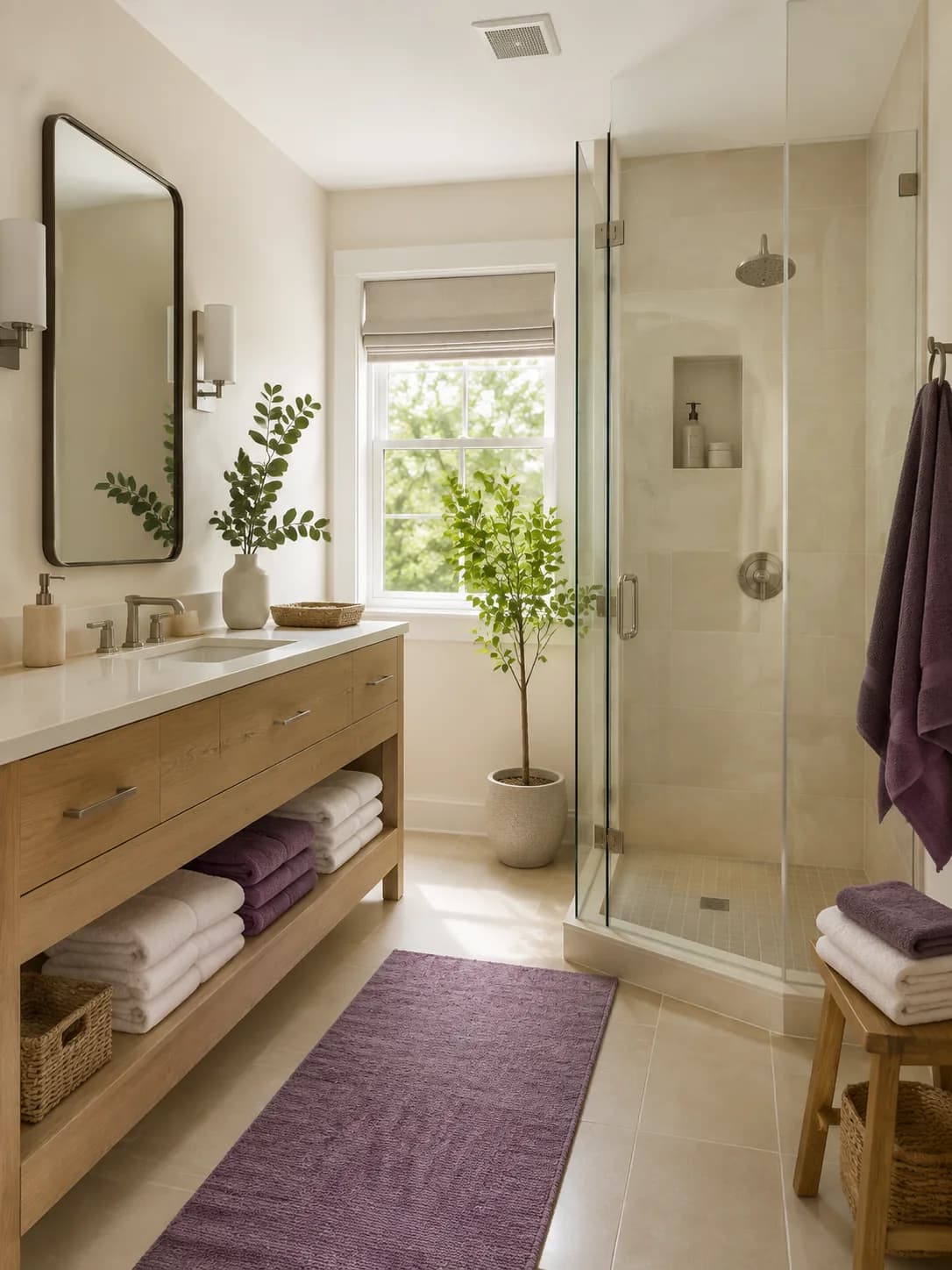 A bright bathroom with an oak vanity, glass shower and plum towels