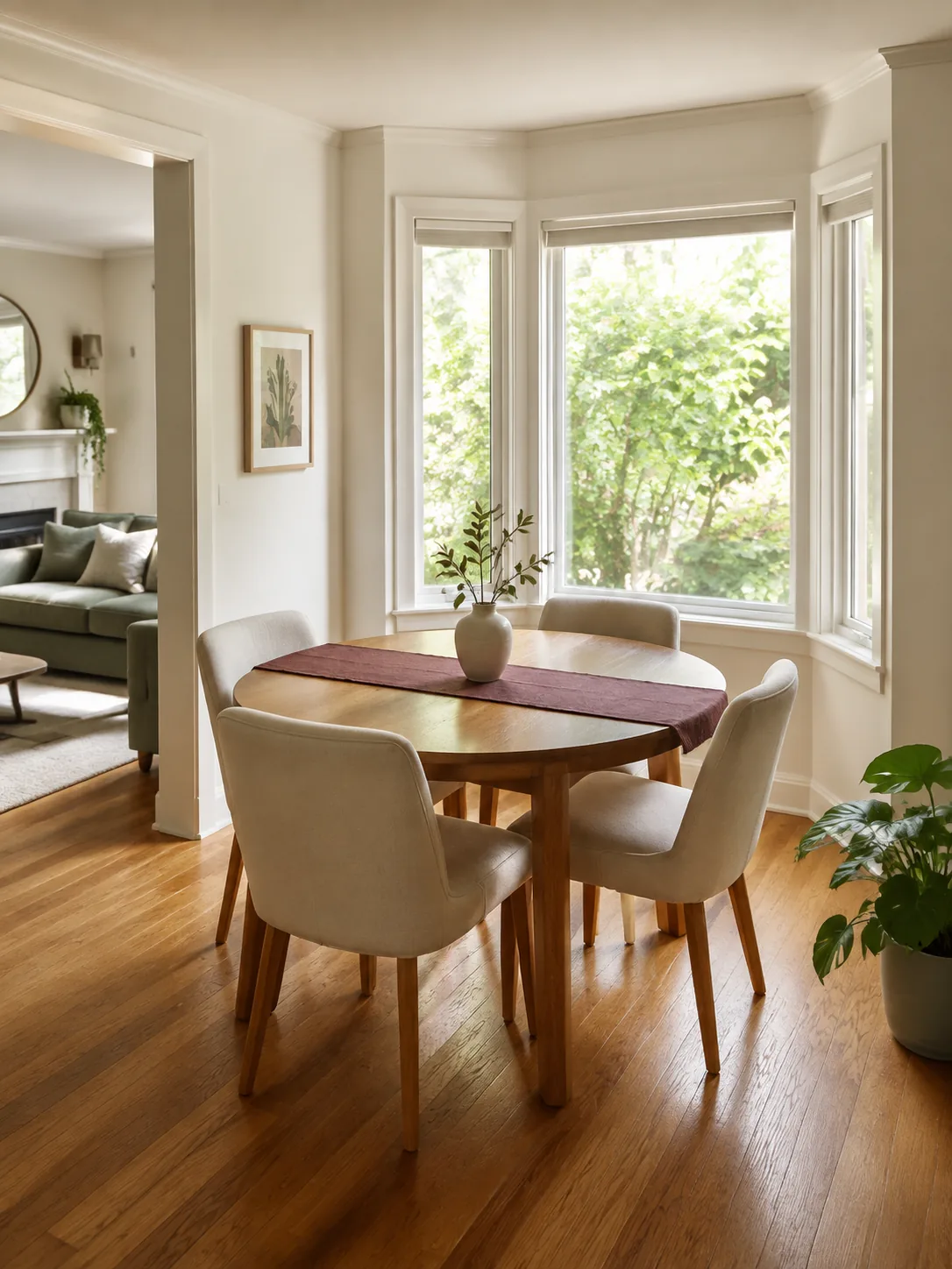 A warm oak dining table with cream chairs and plum napkins