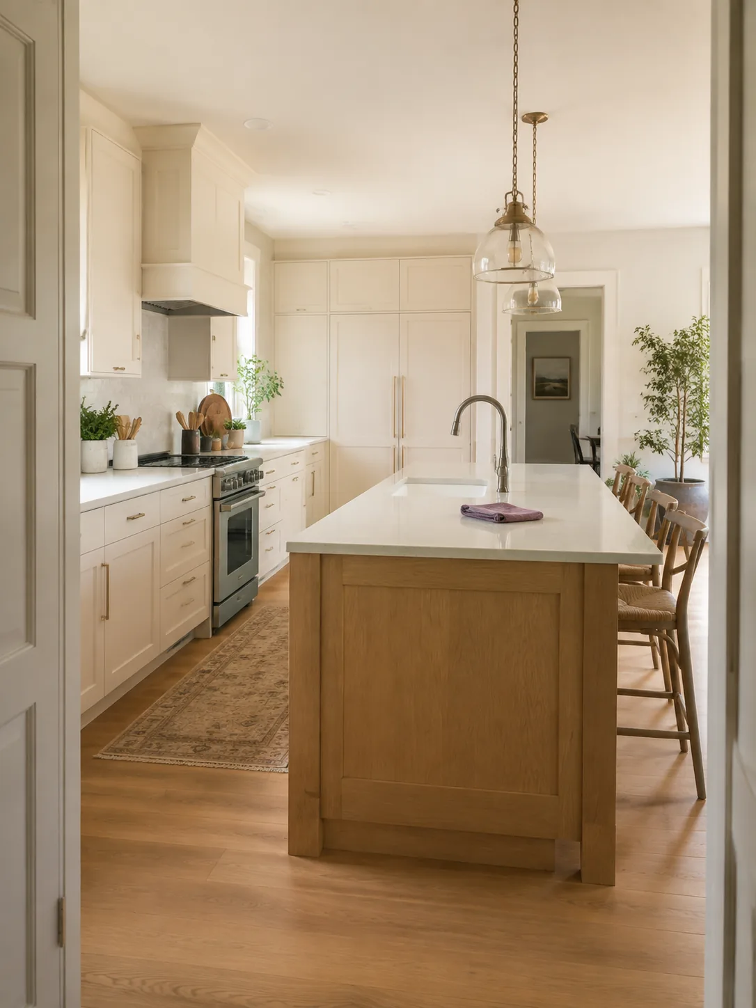 A clean ivory kitchen with an oak island and a plum cloth