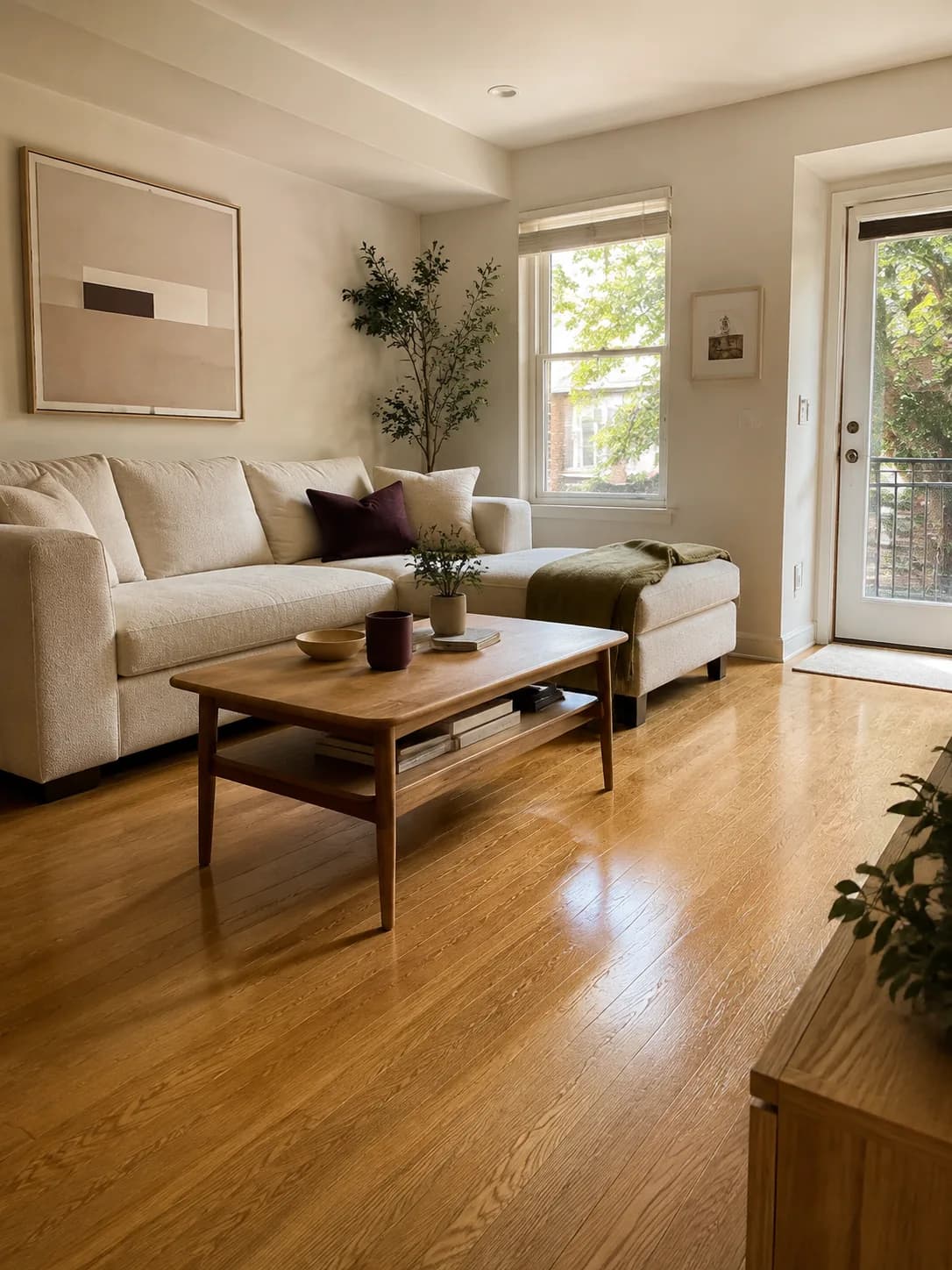 A sunlit living room with a cream sofa and plum cushion