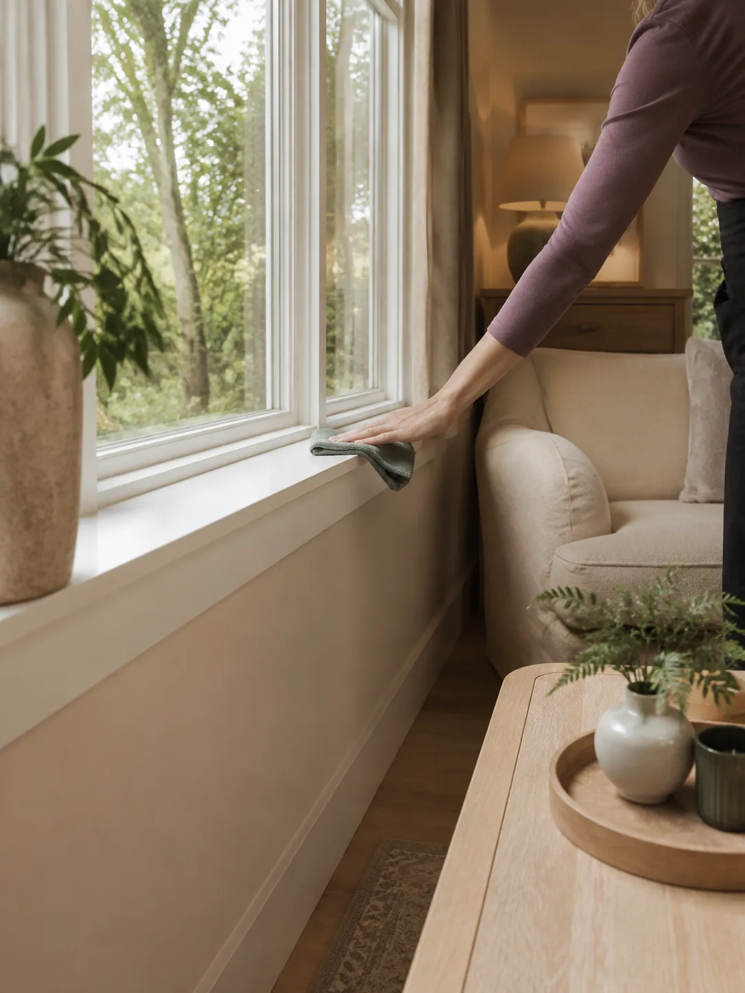 A cleaner wiping an interior window sill with a cloth