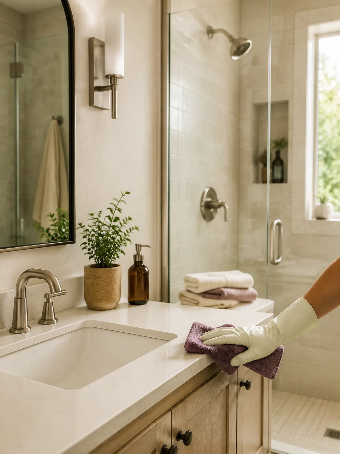 A cleaner wiping a bathroom counter