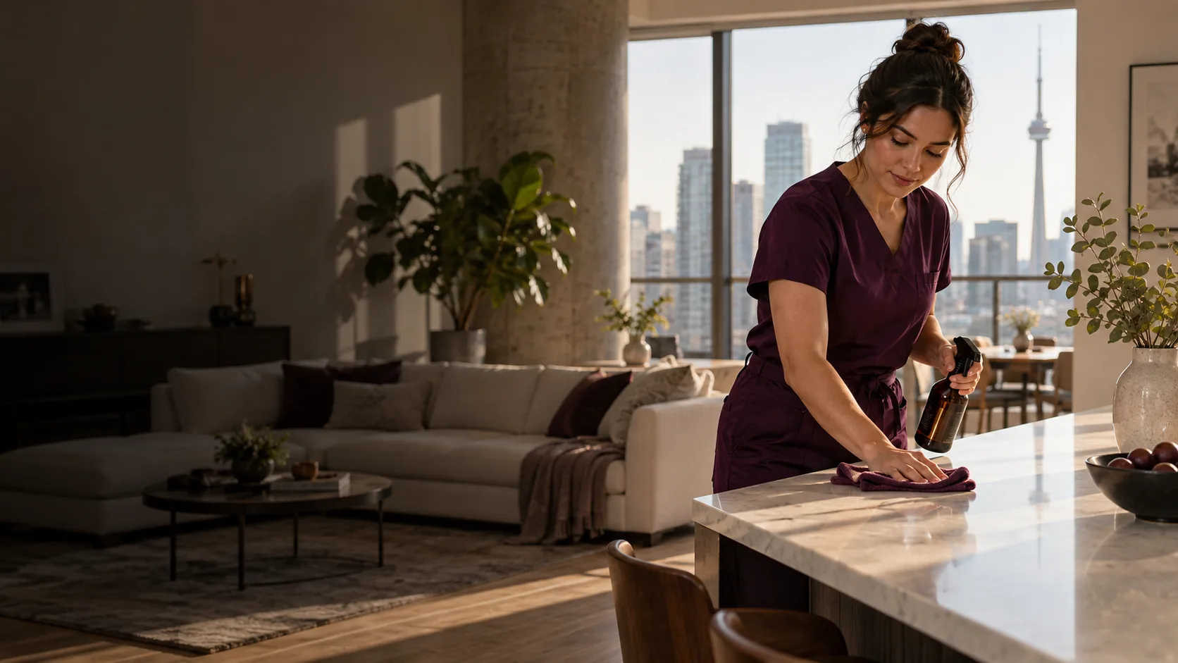 A home cleaner wiping a counter in a Toronto apartment